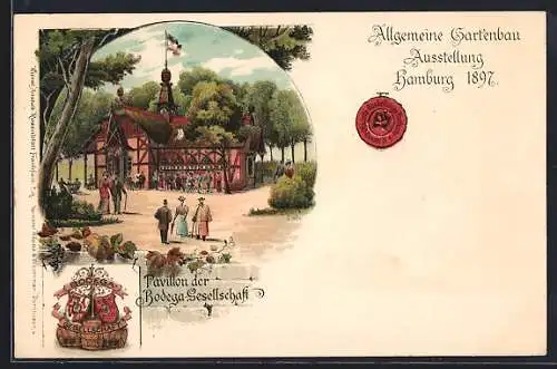Lithographie Hamburg, Allgemeine Gartenbau-Ausstellung 1897 mit dem Pavillon der Bodega-Gesellschaft