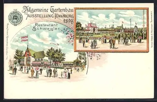 Lithographie Hamburg, Allgemeine Gartenbau-Ausstellung 1897, Restaurant Schwegler mit Gästen davor