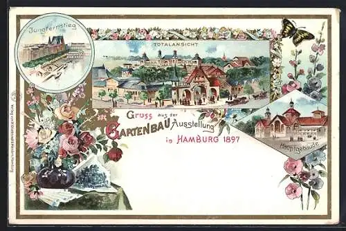 Lithographie Hamburg, Gartenbau-Ausstellung 1897, Hauptgebäude, Totalansicht, Jungfernstieg, Schmetterling