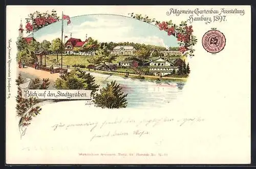 Lithographie Hamburg, Allge. Gartenbau-Ausstellung 1897, Blick auf Stadtgraben