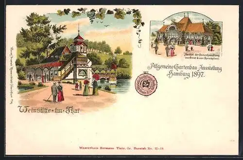 Lithographie Hamburg, Allgemeine Gartenbau Ausstellung 1897, Weinhütte im Tor