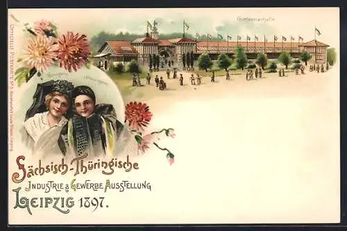 Lithographie Leipzig, Sächs.-Thüringische Industrie- und Gewerbe-Ausstellung 1897, Gartenbauhalle, Mädchen in Tracht