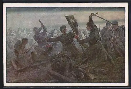 Künstler-AK Rotes Kreuz Nr. 433: Honved-Infanterieregiment Nr. 16 wehrt einen nächtlichen Angriff ab