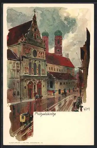 Künstler-AK Heinrich Kley: München, Ortspartie mit Michaelskirche