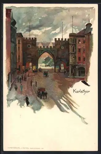 Künstler-AK Heinrich Kley: München, Kutschen fahren durch das Karlsthor