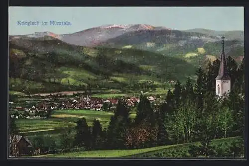 AK Krieglach im Mürztal, Gesamtansicht mit Kirchturm und Bergpanorama