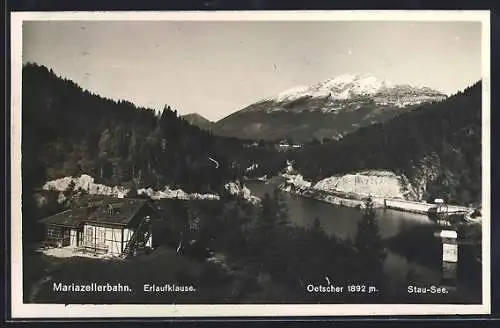 AK Mariazell, Mariazellerbahn, Gasthaus Erlaufklause mit Stausee und Oetscher