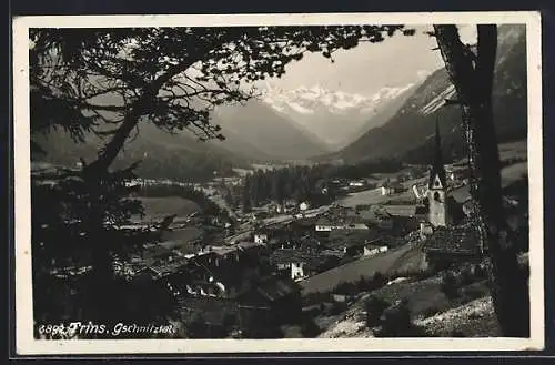 AK Trins /Gschnitztal, Ortsansicht mit Gipfelpanorama