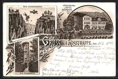 Lithographie Rosstrappe, Winzenburg und Hotel Rosstrappe, Der Hexensprung, Die Winzenburg