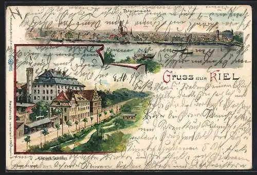 Lithographie Kiel, Totalansicht, Königl. Schloss