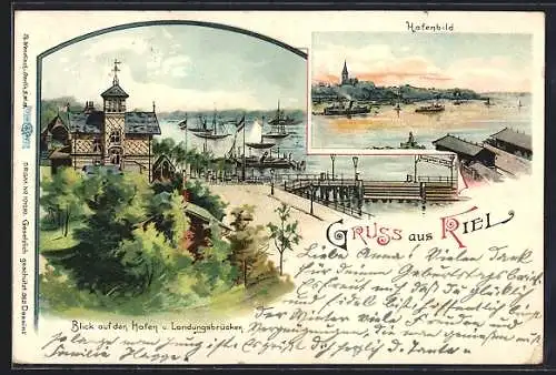 Lithographie Kiel, Hafen und Landungsbrücken, Seegarten