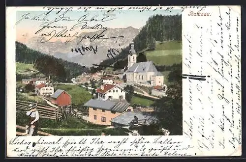 AK Ramsau / Reichenhall, Junge in Tracht mit dem Ort im Hintergrund