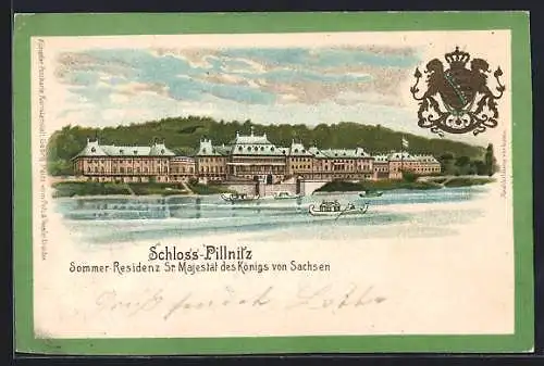 Lithographie Dresden-Pillnitz, Sommerresidenz Sr. Majestät des Königs von Sachsen, Wappen