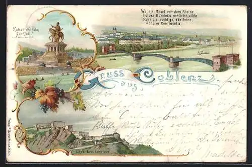 Lithographie Coblenz, Panorama mit Mosel, Kaiser Wilhelm Denkmal und Ehrenbreitstein