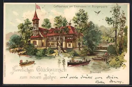 Lithographie Bremen, Cafe am Emmasee im Bürgerpark, Neujahrsgruss