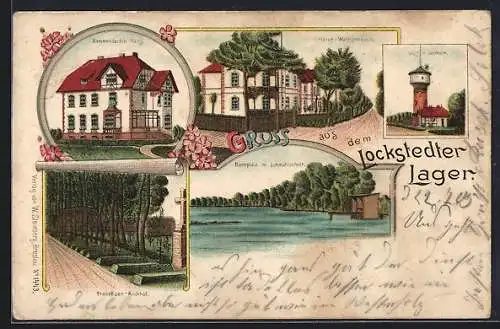 Lithographie Lockstedt / Lager, Badeplatz, Franzosen-Kirchhof, Wasserturm, Kommandanten-Haus