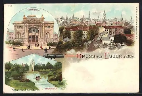 Lithographie Essen / Ruhr, Panorama, Stadttheater und Stadtgarten