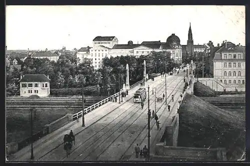 AK Posen-Poznan, die Theaterbrücke aus der Vogelschau, Strassenbahn