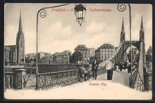 AK Frankfurt-Sachsenhausen, Flusspartie mit Blick auf den Eisernen Steg und Kirche