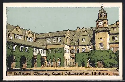 Steindruck-AK Weilburg, Schlosshof mit Uhrturm