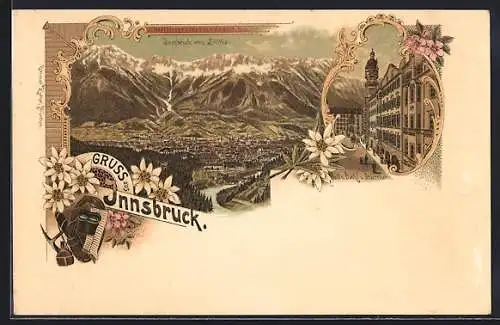 Lithographie Innsbruck, Ortsblick vom Sillthal, Goldenes Dachl und Stadthurm