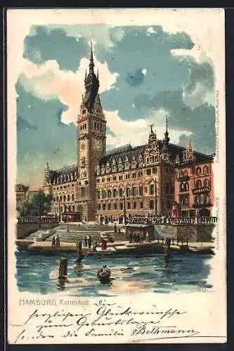 Lithographie Hamburg, Partie am Rathaus mit Strassenbahn