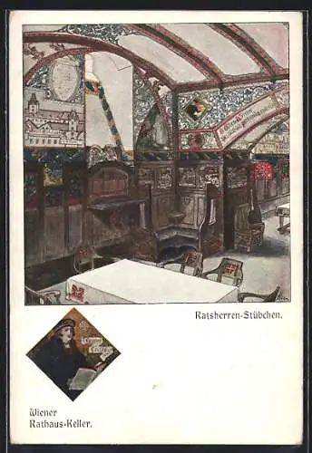 Künstler-AK Wien, Gasthof Rathaus-Keller, Rathsherren-Stübchen