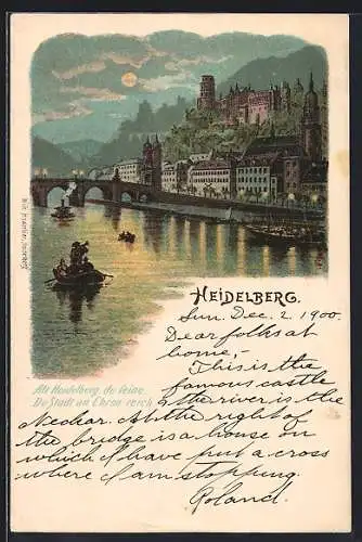 Lithographie Heidelberg / Neckar, Teilansicht mit Brücke und Booten