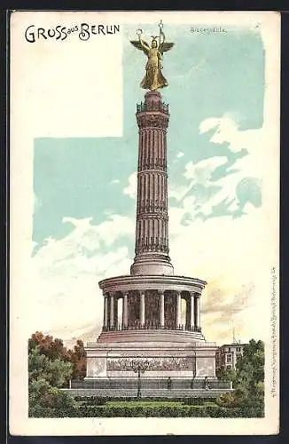 Lithographie Berlin-Tiergarten, Siegessäule vor blauem Himmel