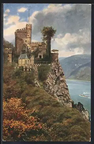 Künstler-AK Burg Rheinstein auf einem Felsen am Rhein, Dampfer