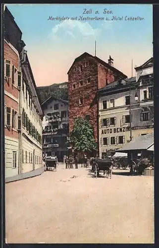 AK Zell am See, Marktplatz mit Hotel Lebzelter und Kastnerturm