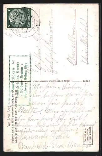 AK Saarbrücken, Spicherer Höhe, Roter Berg mit Denkmal der 74er und Reichsgrenze