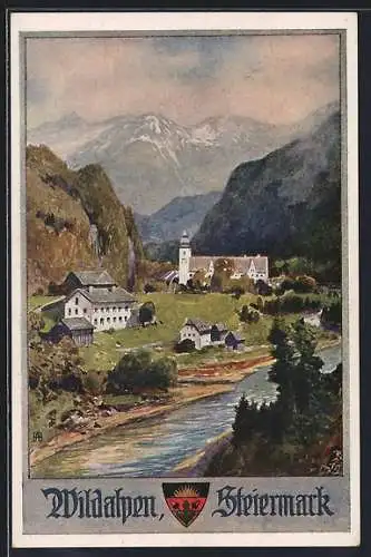 Künstler-AK Deutscher Schulverein Nr. 553: Steiermark, Wildalpen, Partie am Fluss mit Blick auf die Berge