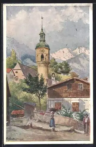 Künstler-AK E. F. Hofecker: Innsbruck, Leute vor der Höttinger Kirche