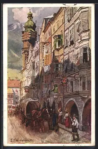 Künstler-AK E.F. Hofecker: Innsbruck, Pferdekutsche auf der Herzog Friedrichstrasse