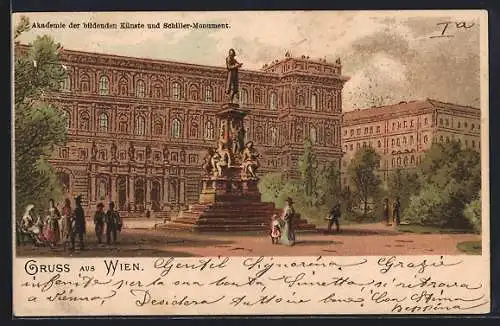 Lithographie Wien, Akademie der bildenden Künste und Schiller-Monument