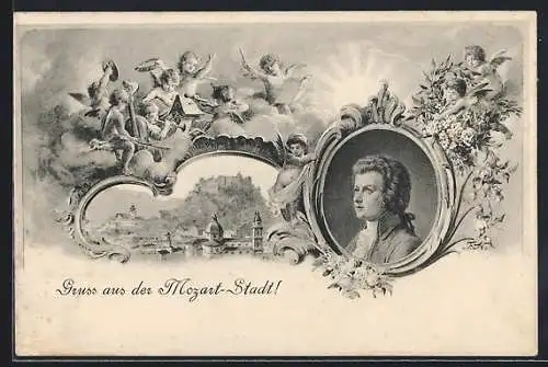 Lithographie Salzburg, Mozart-Portrait, Engel-Orchester bei Sonnenaufgang, Blick auf die Stadt