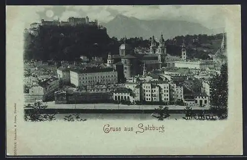 Mondschein-AK Salzburg, Blick über die Stadt auf Hohensalzburg