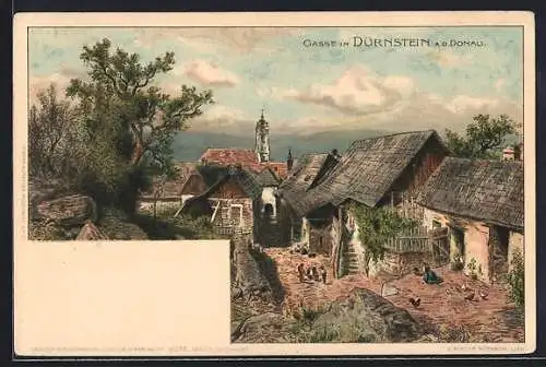 Lithographie Dürnstein a. d. Donau, Ortspartie alten Häusern