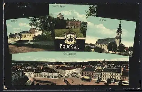 AK Bruck a. L., Brücke mit Grenze, Kirche, Schloss Prugg