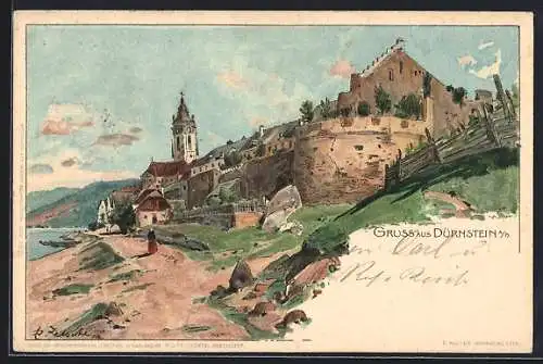 Lithographie Dürnstein /Wachau, Ortspartie am Donau-Ufer