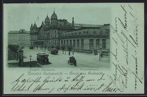 Mondschein-Lithographie Budapest, West-Bahnhof und Strassenbahnen