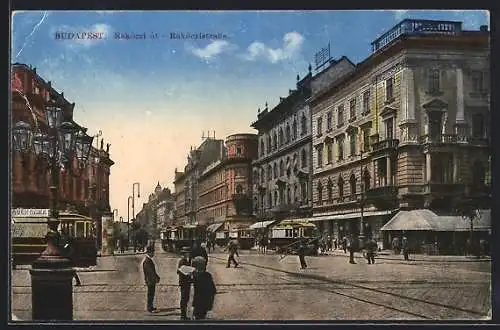 AK Budapest, Blick in die Rakoczistrasse, Strassenbahn