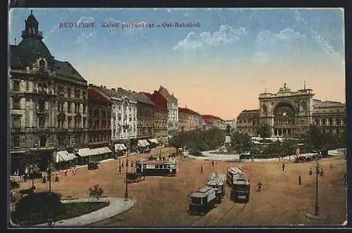 AK Budapest, Ost-Bahnhof und Umgebung, Strassenbahn