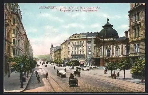 AK Budapest, Lipot-körut és Vigszinhász, Leopoldring u. Lustspieltheater, Pferdegespanne