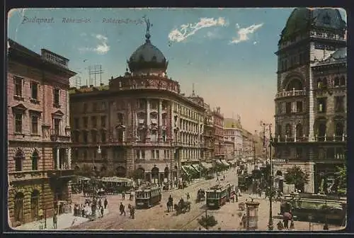 AK Budapest, Ràkòczi-Strasse mit Strassenbahnen