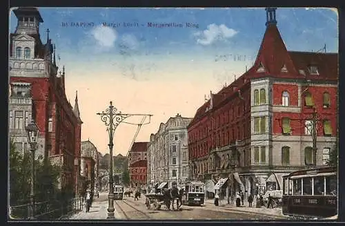 AK Budapest, Strassenpartie am Margarethenring, Strassenbahn