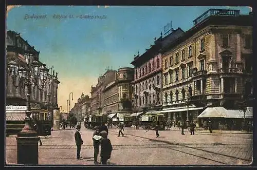 AK Budapest, Blick in die Rakoczistrasse, Strassenbahn