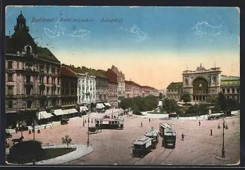 AK Budapest, Ost-Bahnhof und Umgebung, Strassenbahn