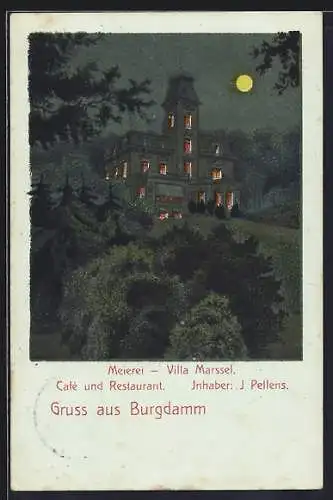 Mondschein-Lithographie Burgdamm, Meierei Villa Marssel, Café und Restaurant, Bes. J. Pellens